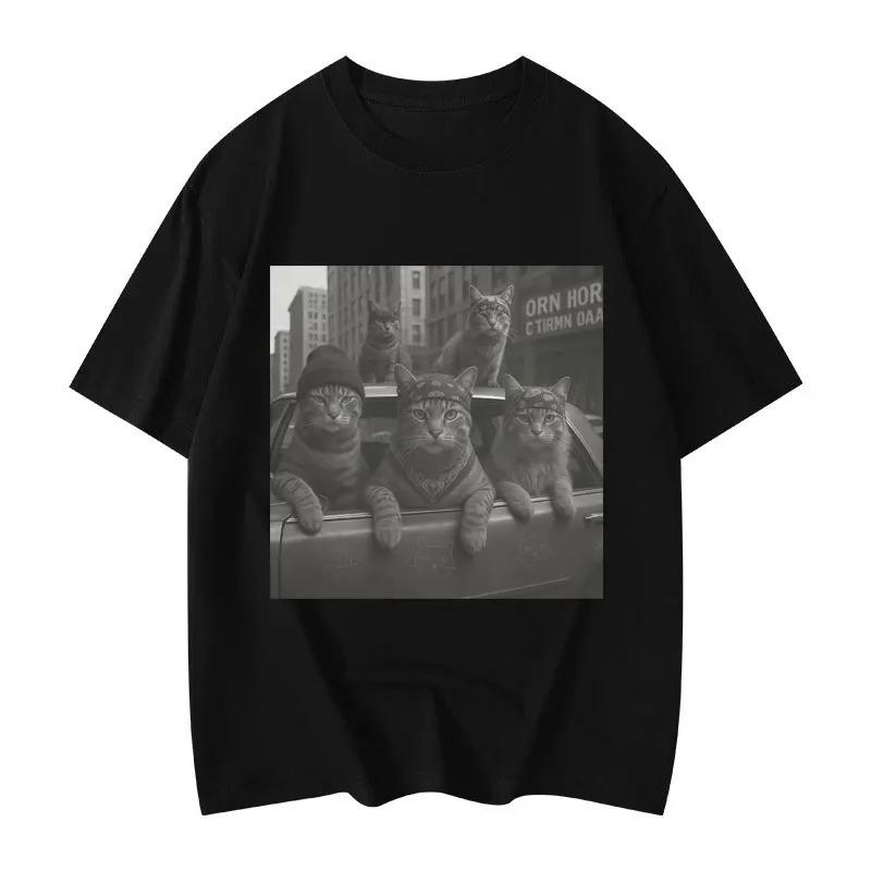 

Осень и зима 2025 года Американская мужская и женская футболка с забавным принтом кошки из чистого хлопка с круглым вырезом, удобная, высококачественная футболка 4XL