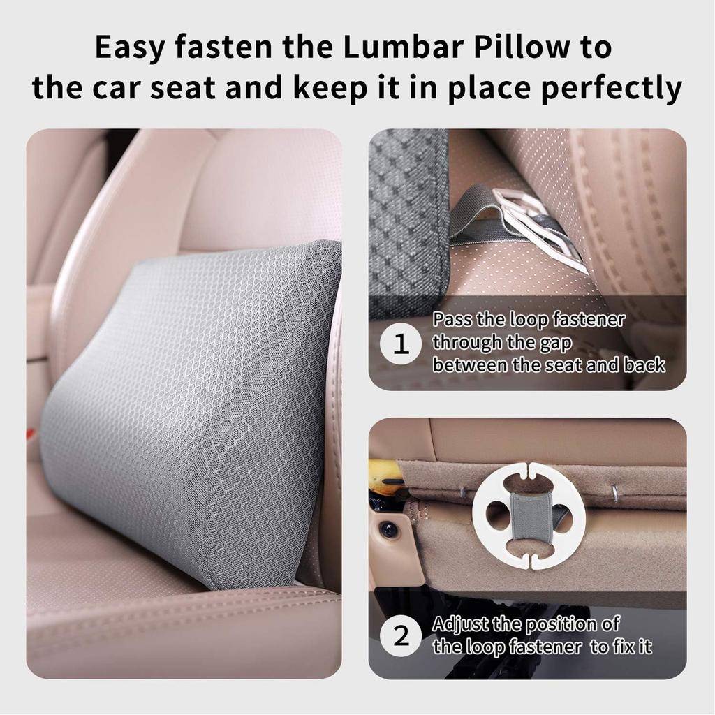 Memory Foam Lumbar Support Pillow For Car - Lower Back Support Cushion For Driving, Back Pain Relief For Car Seat, Office Chair, Wheelchair (Gray)