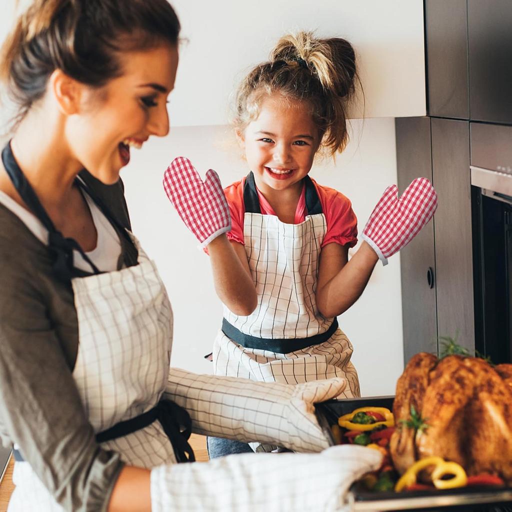 Oven Mitts for Kids, Red Grid Kitchen Gloves Heat Resistant for Cooking Baking Microwave