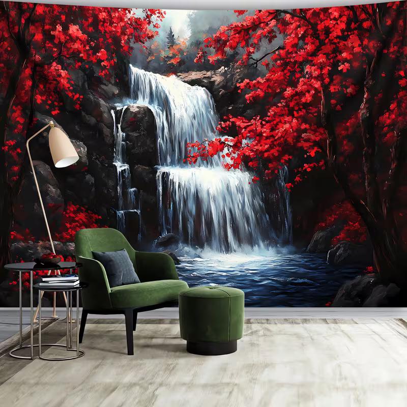 2D Red Maple Forest Waterfall Mystic Aesthetic Wall Tapestry Decor