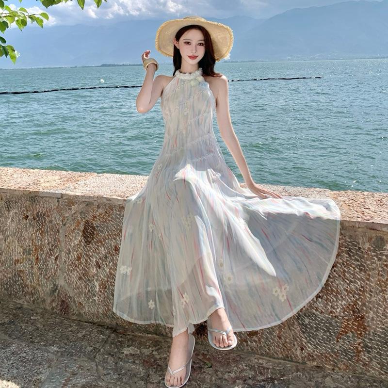 Seaside Vacation Dress Summer Waist Thin Sweet Design Lace Splicing Long Neck Dress