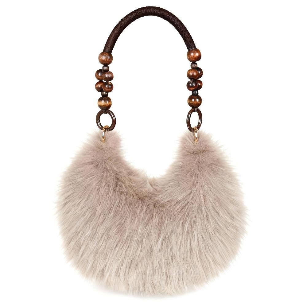 Retro Multicolor Furry Handbag Beads-Chain Handle Soft Tote Bag Faux Fur Oval Shoulder Bag Versatile