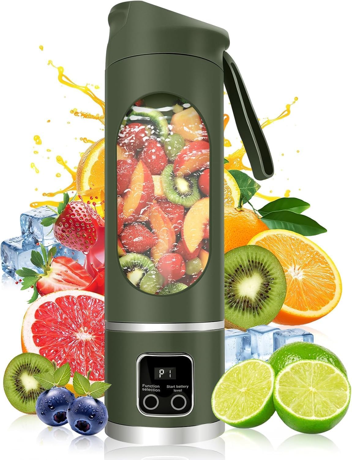 

Portable 16oz Blender with 12 Stainless Steel Blades, USB Rechargeable, 3-Speed Control, 50W for Smoothies & Juices зелений
