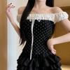 Sweet Spice Girl Polka Dot Lace-up Shoulder Off-Shoulder Short Sleeve T-Shirt Women's Summer New Slim-Fit Skinny Top