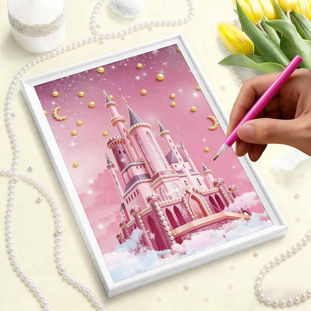 DIY Diamond Art Pearl Painting Kit for Adults, Pink Castle Special Shaped Pearl Art Painting Wall for Home Office Decor Handmade Gift