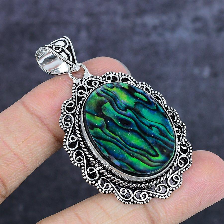 Natural Abalone Shell Gemstone 925 Sterling Silver Jewelry Pendant 2.25" ETC-14042