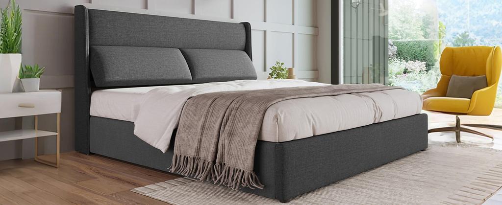 Upholstered Bed 160x200cm with Adjustable Headrests, Hydraulic Frame, Storage, Linen Material, Metal Slatted Frame, Grey (With Mattress)