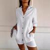 Women Solid Lapel Pleated Blouse, Single Breasted Rollable Long Sleeve Shirt