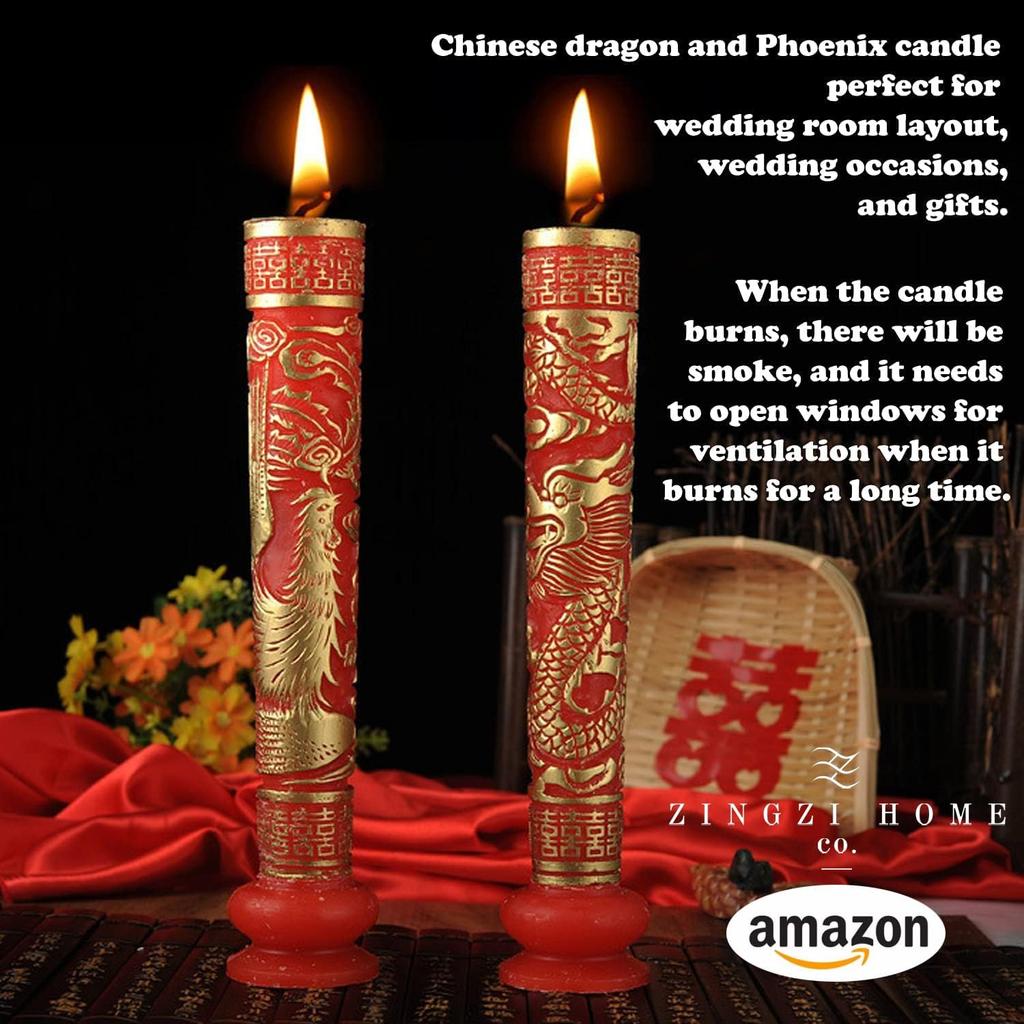 Chinese Dragon and Phoenix Wedding Candles Red Traditional Double Happiness 1 Pair, 9.84 Inch Tall x 2 Inch Diameter, Great for Chinese Weddings