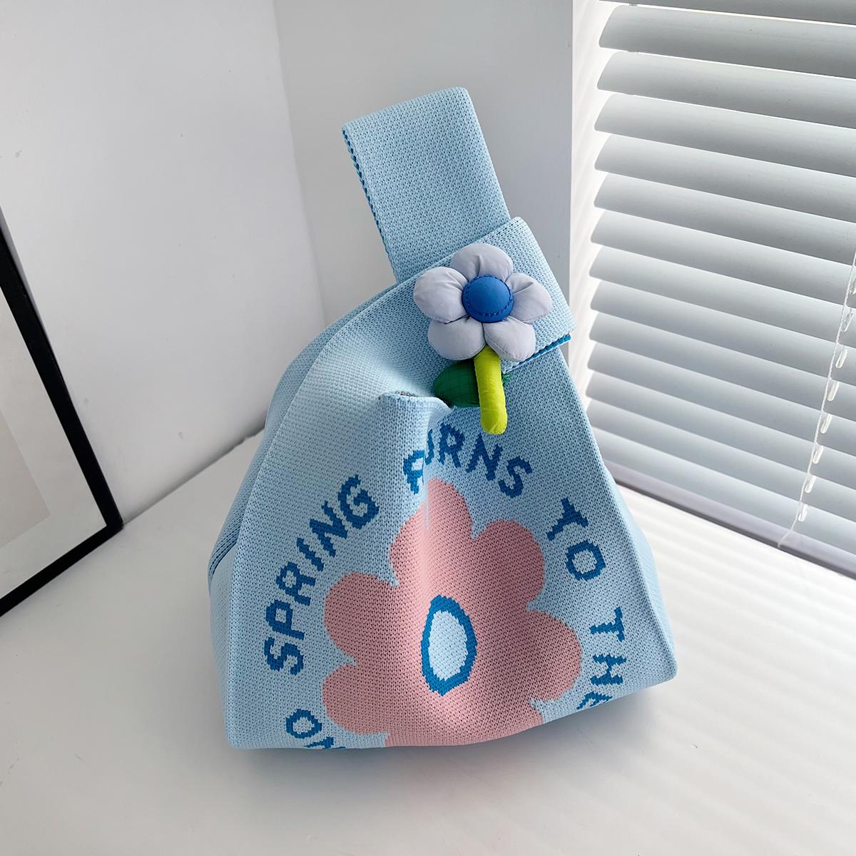 Летняя новая симпатичная вязаная сумка с цветком, корейский выпуск, портативная сумка для женщин, большая вместимость, сумка для покупок, подарочная сумка синий