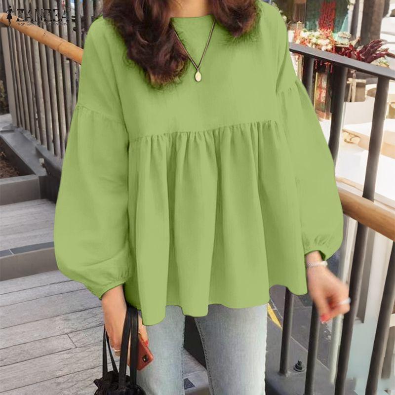 ZANZEA Women Casual Round Neck Puff Long Sleeve Loose Blouse