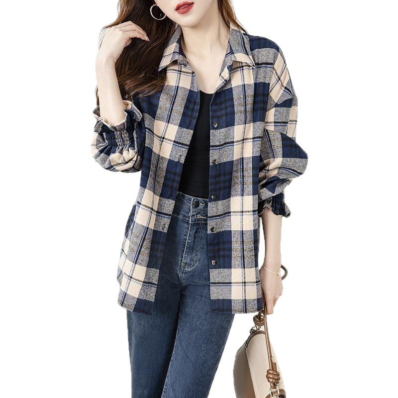 Autumn Hong Kong Style Retro Plaid Shirt for Women Loose Medium To Long Korean Style Plaid Coat