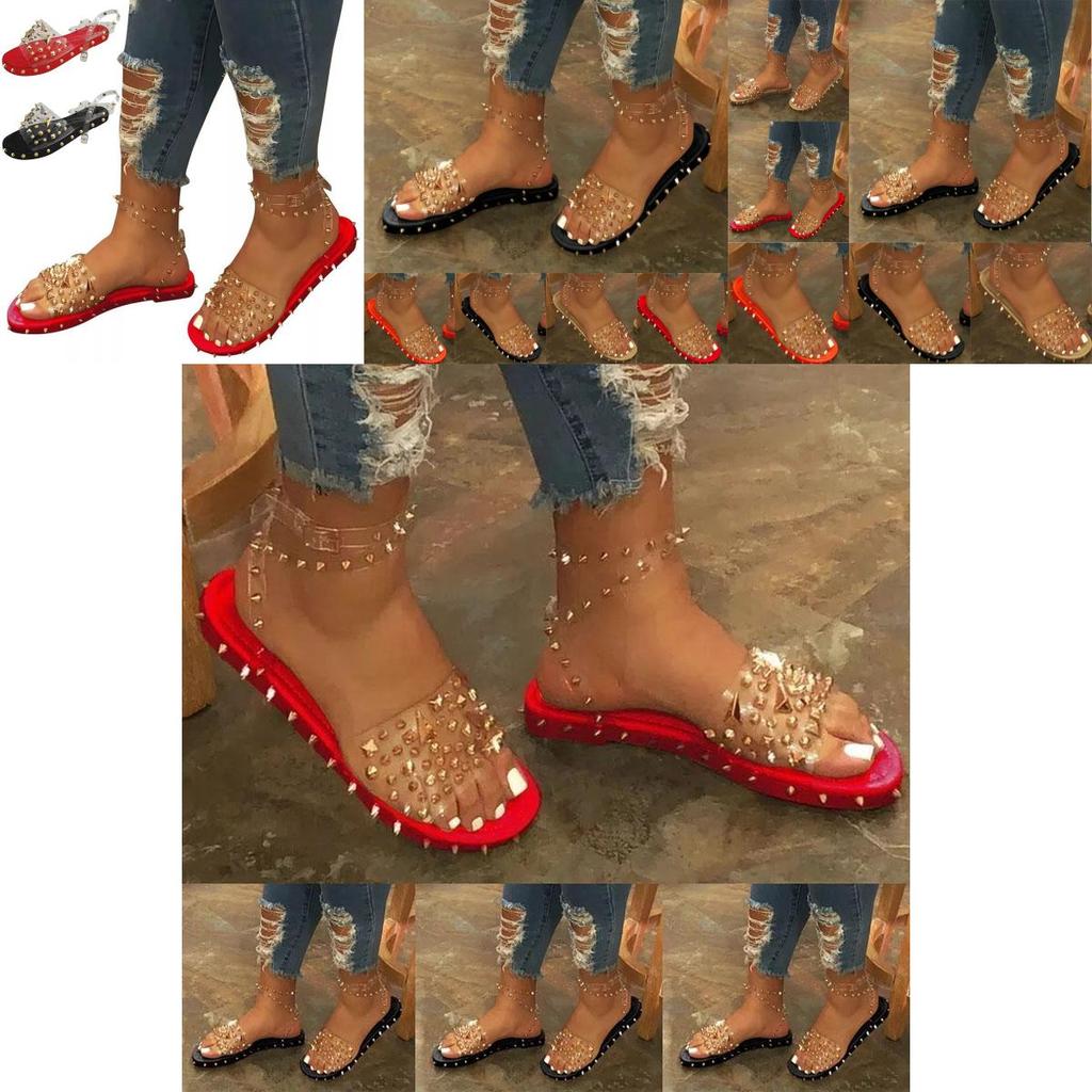 Women Summer Ankle Strap Sandals With Rivet Accents And Transparent Upper For Breathable Comfort