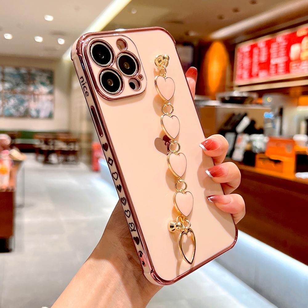 Plating Silicone Case For iPhone 17 Air 16E 16 15 14 13 12 11 Pro Max 15Pro 14Pro IPhone15 Wrist Bracelet Strap Love Heart Cover