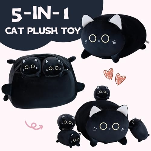 Cute Large Plush Cat Body Pillow - Featuring a Mother Cat and Her Four Kittens - Fluffy Black Cat Plush Toy, a Great Birthday Gift for Boys and Girls,
