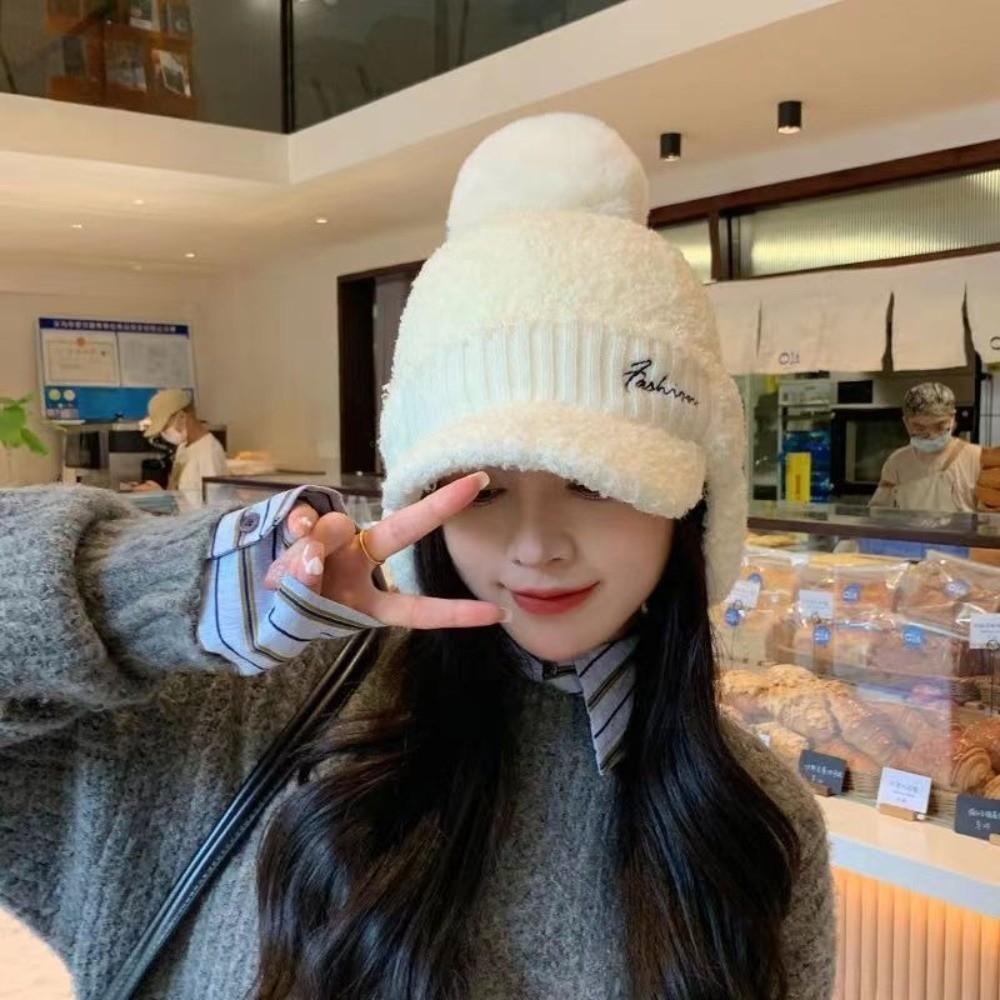 Solid Color Knitted Baseball Cap Windproof Pompom Plush Beanie Warm Earmuffs Cap  Winter