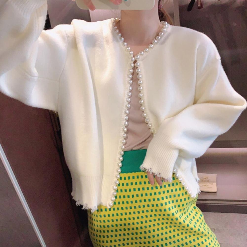 Strickjacke mit offener Vorderseite, Rundhalsausschnitt, langärmeliger Pullovermantel mit Kunstperlenbesatz, einfarbig, warme Oberbekleidung