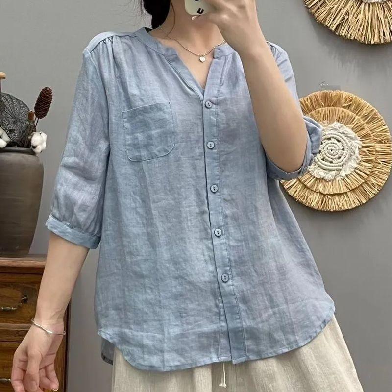 Damen Hellgraues Leinen Locker V-Ausschnitt Halbarm Knopfleiste Hemd