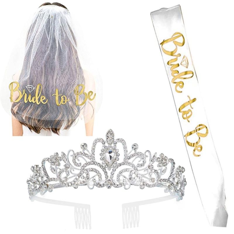 Bridal Veil Sash Crowns Set Handmade Jewelry Accessories for Wedding and Bachelorette Party Bride To Be Decoration