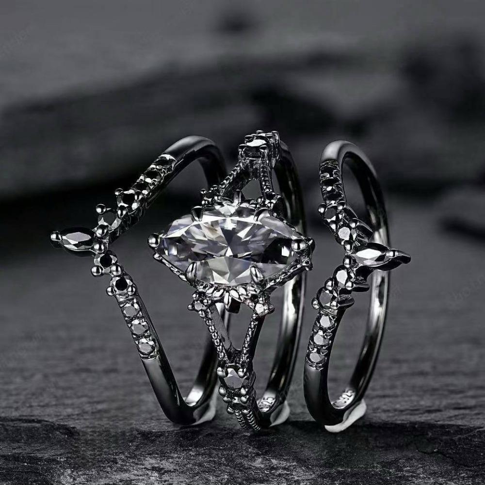 Luxe Mode Set Ring Gun Zwart Ingezette Gekleurde Diamanten Ring Europees en Amerikaans Ins Verlovingssieraden Damesring