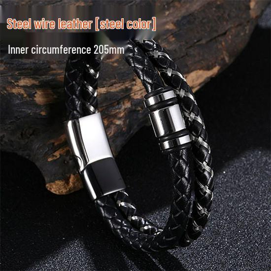 Korean Retro Stainless Steel Men s Double Layer Woven Leather Bracelet