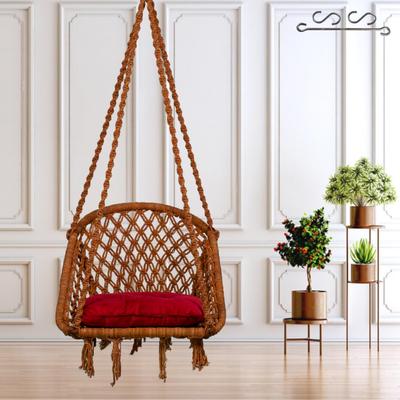 Cotton D Shape Wooden Swing/Jhula for Adults/Jhoola/Swing for Indoor/Includes Hanging Kit & Red Cushion (Brown)