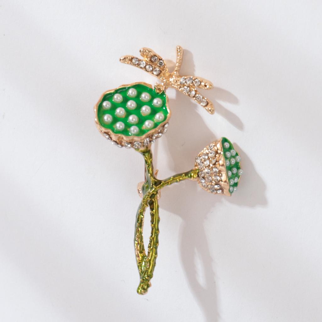 Green Rhinestone Dragonfly Lotus Pod Brooch Temperament Personalized Brooch High-End Fashion Autumn And Winter Coat Coat