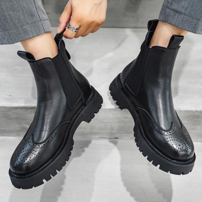 men fashion chelsea boots  designer carved brogue shoes cowboy original leather boot handsome platform short botas hombre