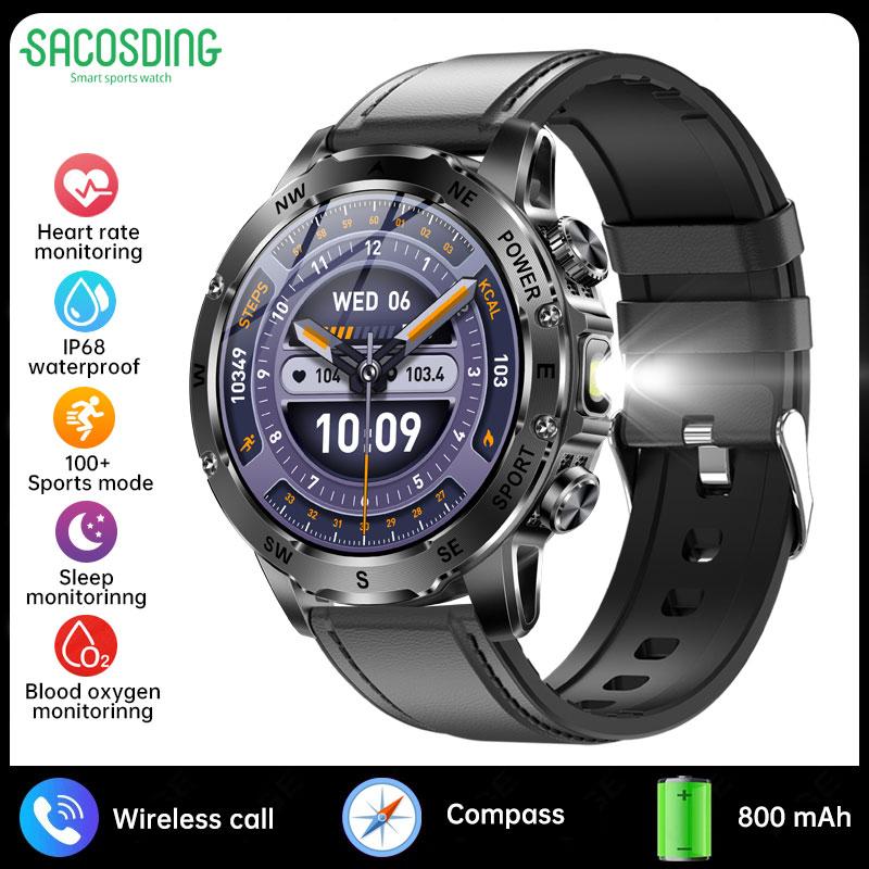 SACOSDING 800mAh Bateria de Grande Capacidade Smartwatch Masculino Outdoor Bússola Lanterna IP68 Esportivo Fitness Chamada de Voz Homem Smartwatch