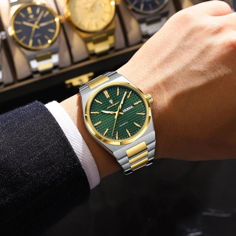 POEDAGAR Luxe Herenhorloge Datum Week Waterdicht Lichtgevend Roestvrij Staal Horloge voor Man Casual Kwarts Horloges Mannelijk Sport+Doos