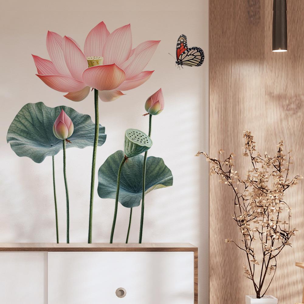 Vintage Lotus Flower Self Adhesive Wall Sticker for Living Room TV Background Bedroom Room Decor
