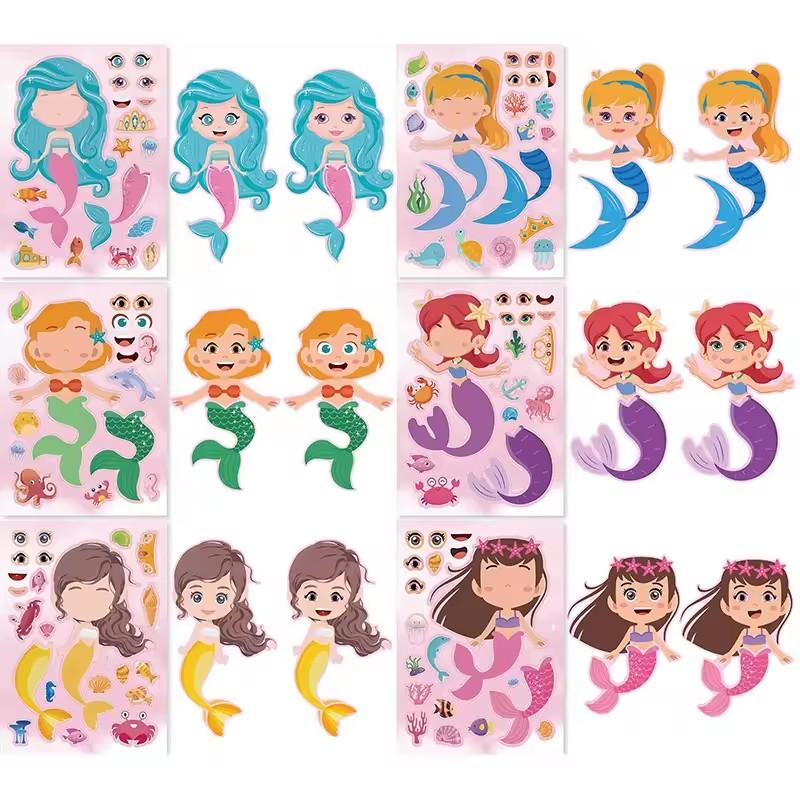 6/12/24 Sheets Little Mermaid DIY Puzzle Stickers Funny Make A Face Assemble Sticker Kids Birthday Party Favors Pinata Filler