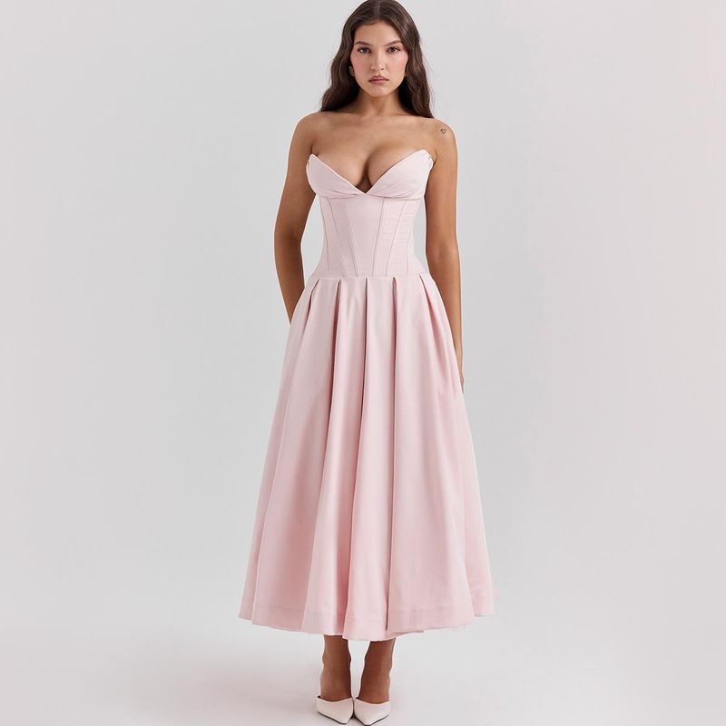 Fall 2024 New Arrival Graceful Tube Top Swing Long Formal Dress V Sharp Angle Fishbone Cinched Waist Slim-Fit Dress
