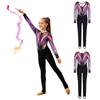 Mädchen Ganzkörper Strass-Leotard Rundhalsausschnitt Langarm Kontrastfarben-Print Steg-Jumpsuit für Gymnastikwettkampf Training