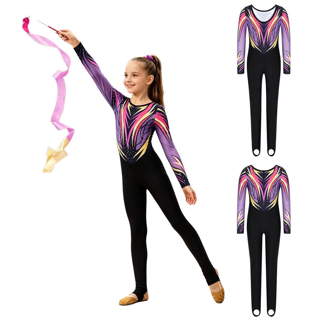 Mädchen Ganzkörper Strass-Leotard Rundhalsausschnitt Langarm Kontrastfarben-Print Steg-Jumpsuit für Gymnastikwettkampf Training