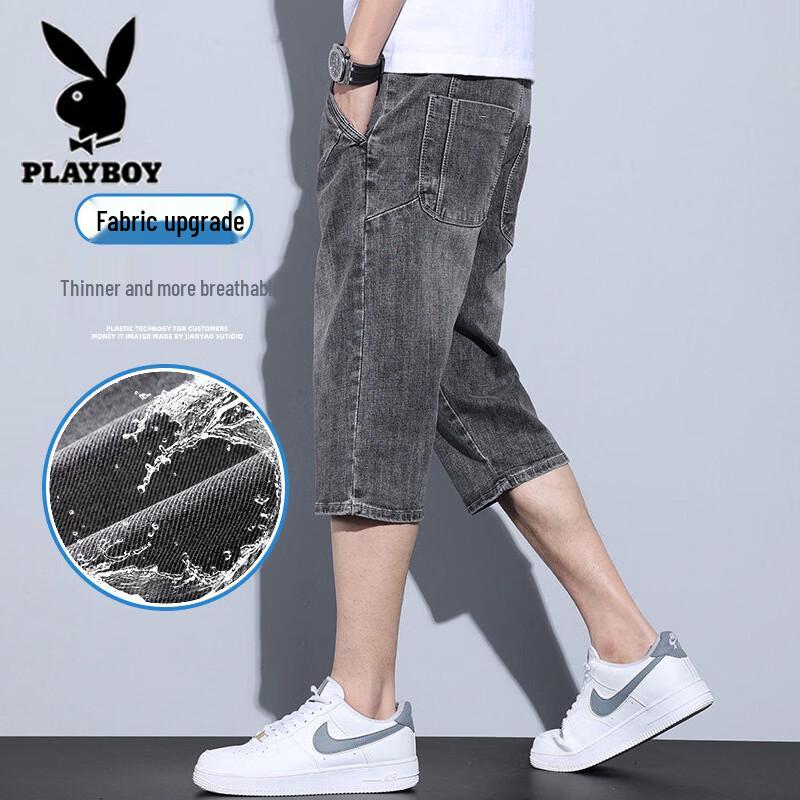 PLAYBOY Men s Summer Loose Straight Capri Jeans 32