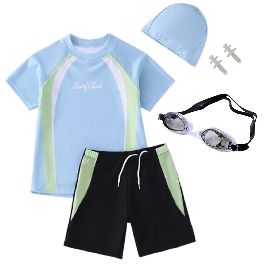 NexTrendy Swimsuit Includes Separate Swim and Swim Cap Light Boys' 4-Piece Kids' Set, Swimsuits, Goggles, (JP, Height 90cm, Standard, Blue)