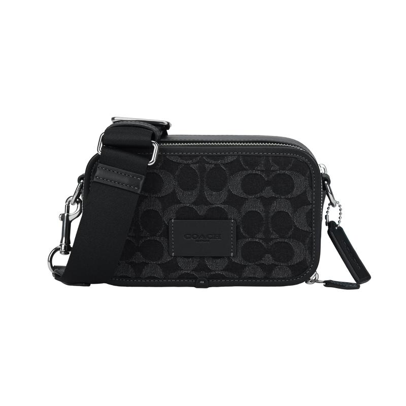 

COACH 20 Brand logo printed zipper closure Fabric and cowhide leather Shoulder crossbody bag Small Men s Black чорний