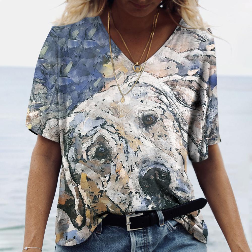 Tricouri de damă la modă, grafică abstractă 3d, tricou cu imprimeu pentru câini, haine amuzante, cu decolteu în V, vară, mânecă scurtă, topuri supradimensionate, pulover