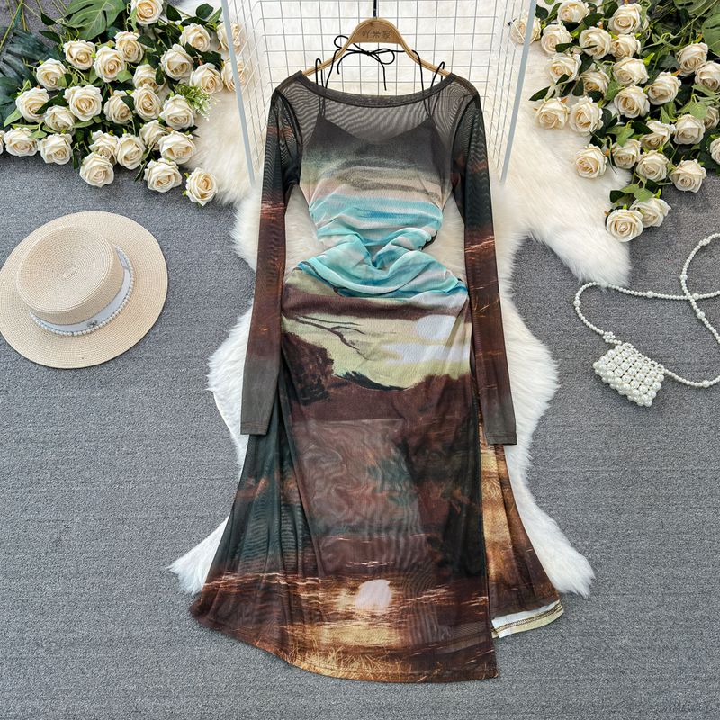 

Spring and Autumn Retro Sexy Long Sleeves Suspender Skirt Mesh Brown Spell Blue All yards