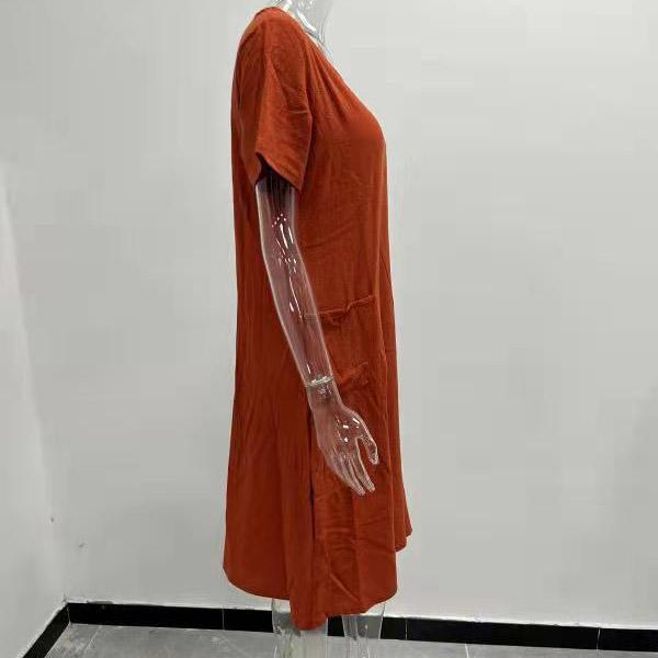 Vestidos de lino de algodón de verano para mujer Vestido de manga corta con cuello redondo suelto liso