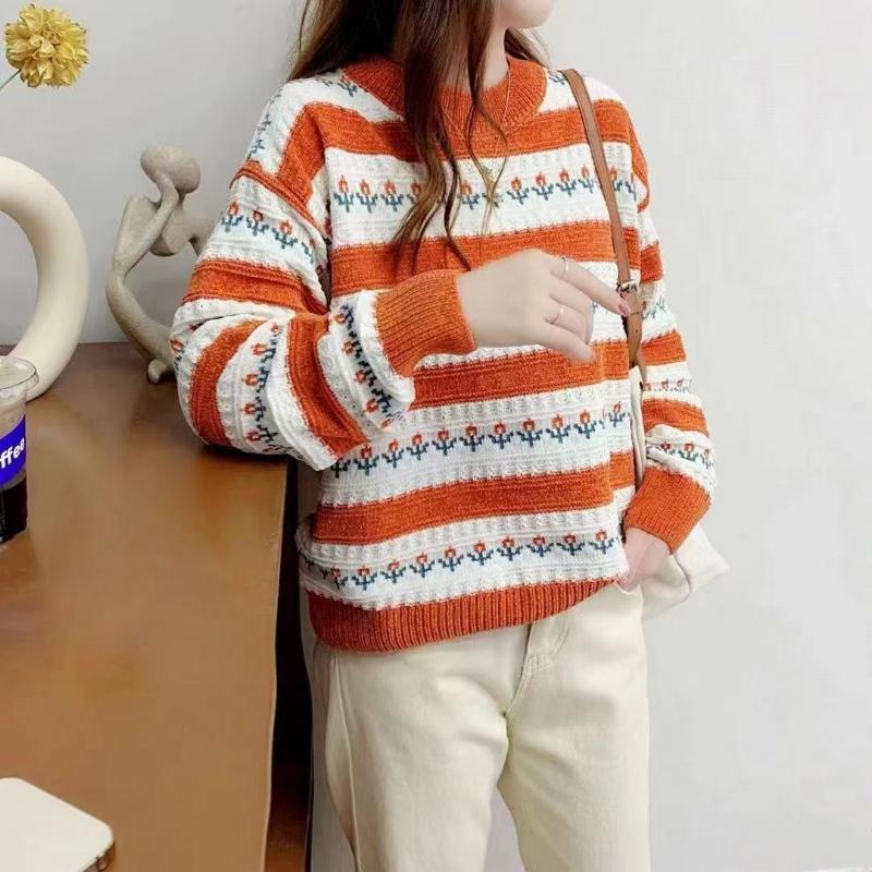 

Милый универсальный пуловер-свитер, свободный японский студенческий трикотаж в полоску, женский топ L оранжевый