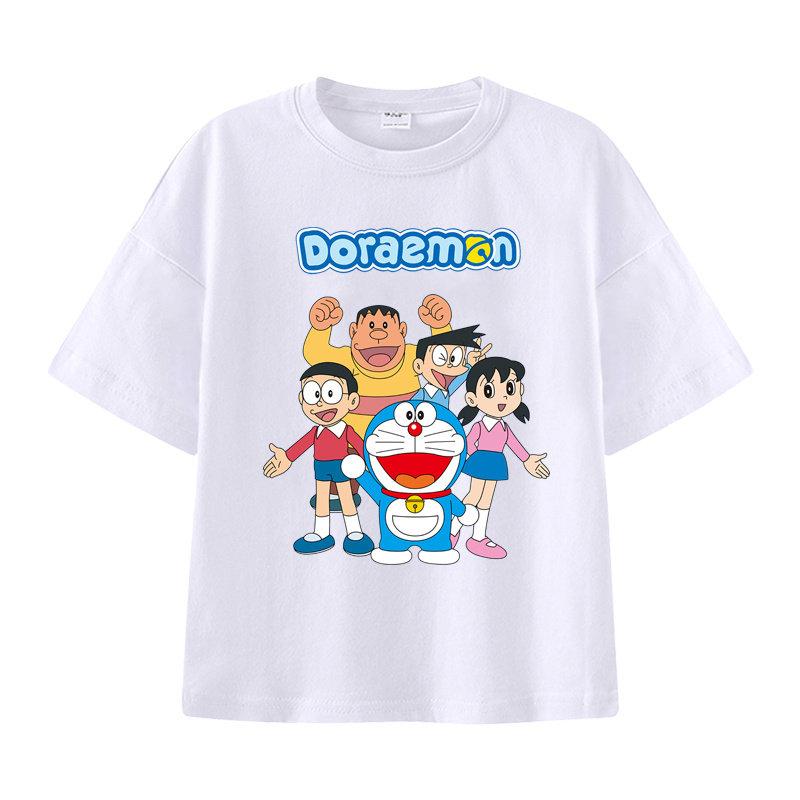 Pure Cotton Childrens Shortsleeved Tshirt for Summer Boys and Girls Halfsleeved Childrens Clothing with Doraemon Pattern