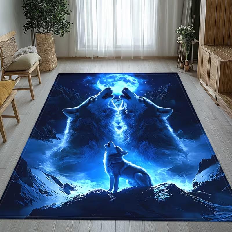 Wolf Howling Moon Rug Kids Room Blue Full Moon Animal Carpet Baby Play Mat Indoor Outdoor Rug Soft Comfortable 40X60cm