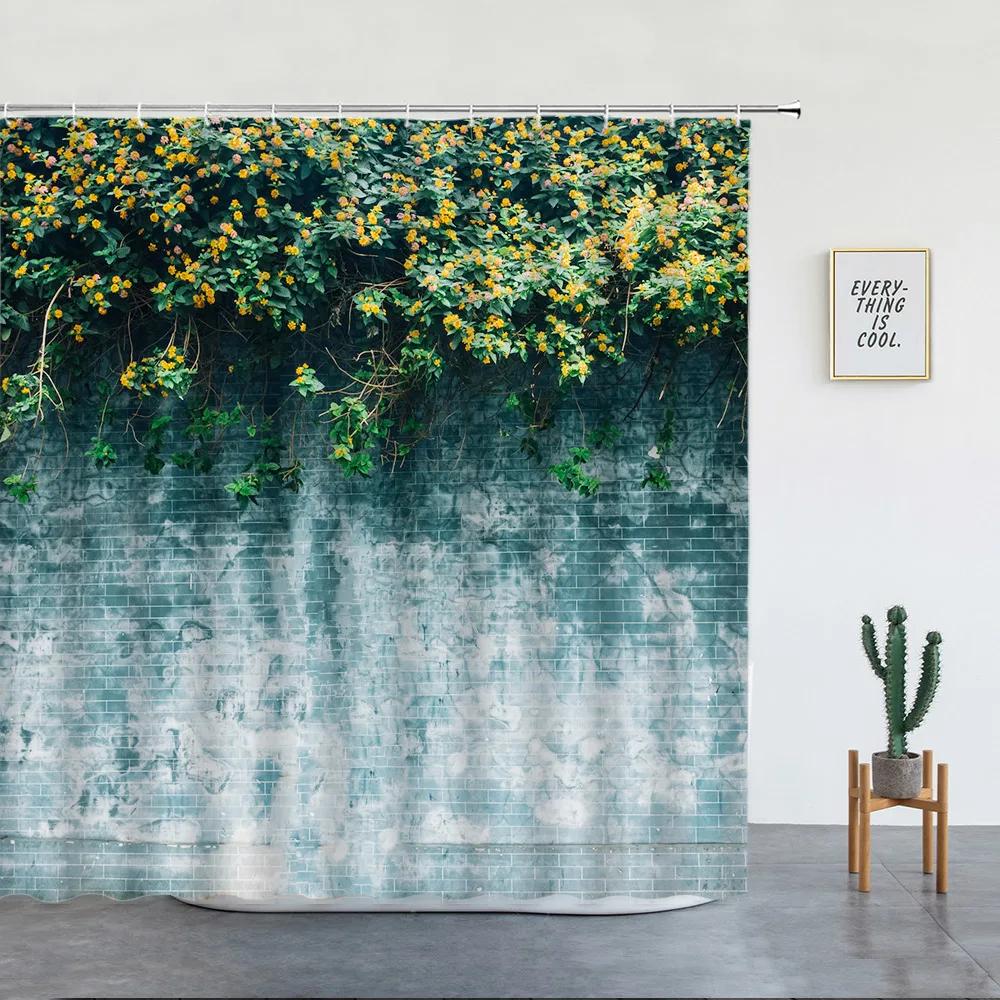Stone Brick Wall Shower Curtain,Ivy Green Leaves Climbing On Rustic Marble Rocks Stone Wall Fabric Bathroom Shower Curtains