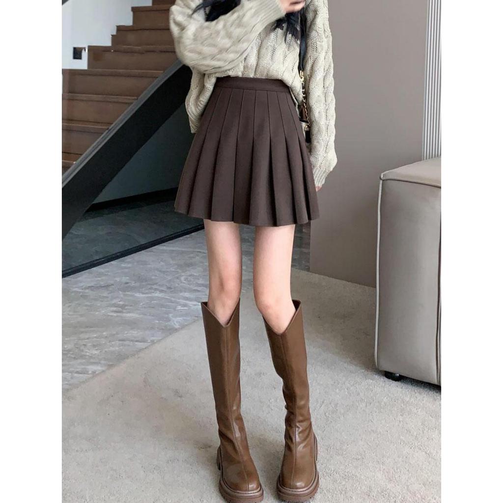 Women's Plus Size Woolen A-Line Pleated Skirt in Khaki - High Waist, Short Length for Spring and Autumn