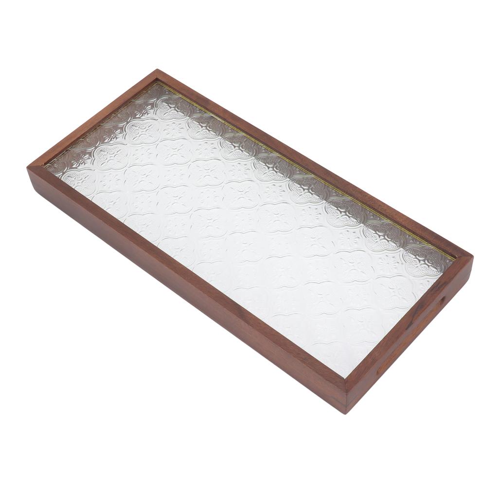 Rectangle Tea Serving Tray Walnut Glass Robust Wooden Glass Tea Tray for Cake Bread Breakfast Snack
