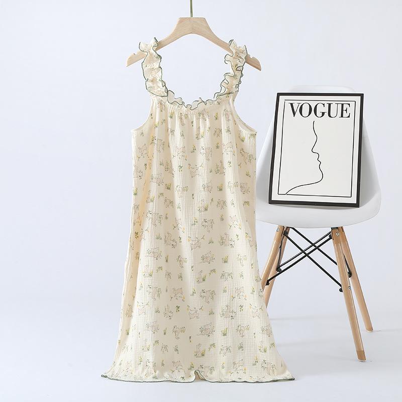 Crepe cotton seersucker women's summer suspender nightdress long dress sexy loungewear printed Korean version cute