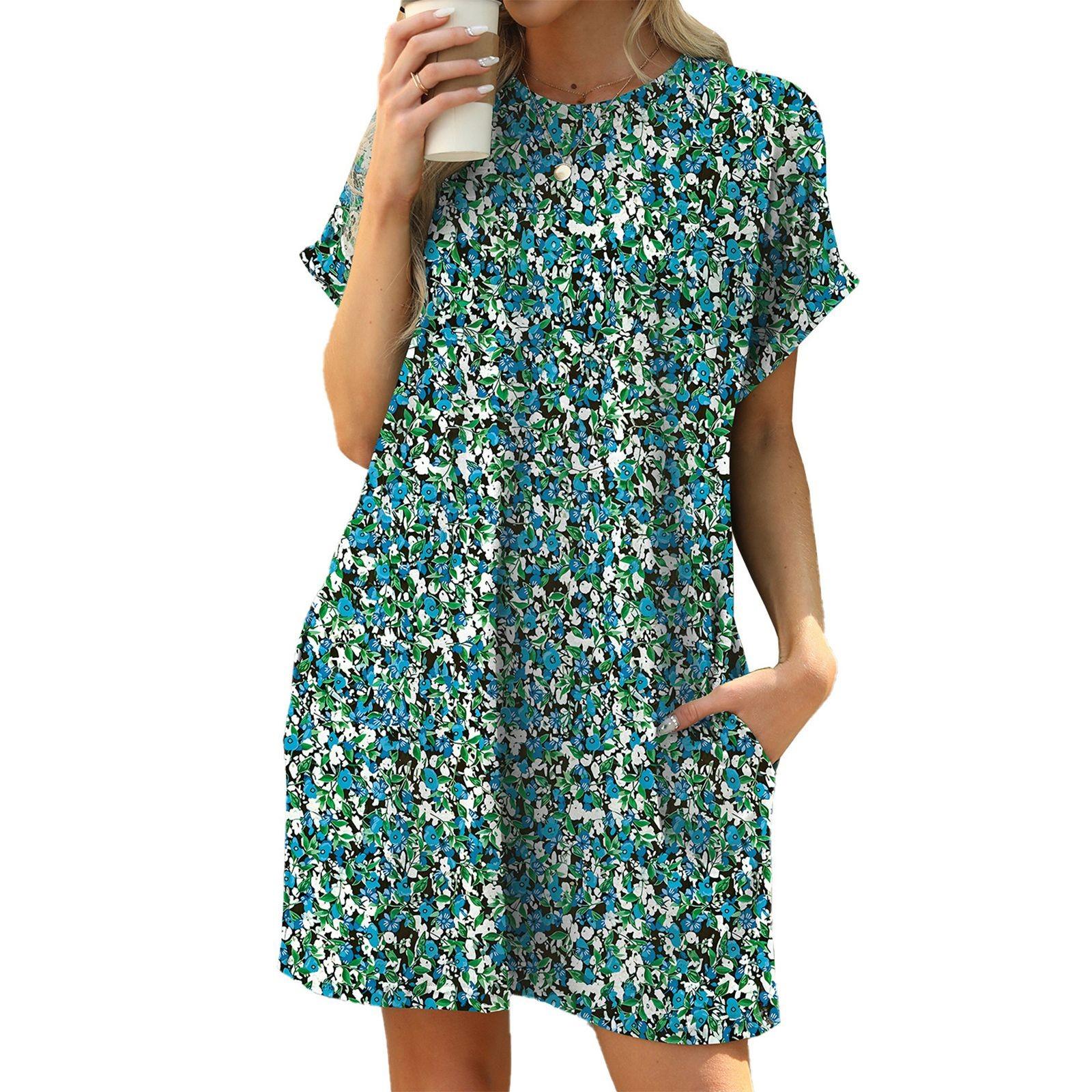 

Женское модное платье свободного кроя с цветочным принтом и круглым вырезом, короткими рукавами и карманами XXL зелёный