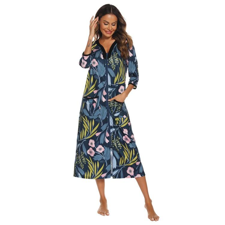 

Women S Floral Zip Up Long Bathrobe 3 4 Sleeve V Neck Nightgown Casual Home Wear Spring Autumn Printed Dressing Gown XXL темно-синього кольору